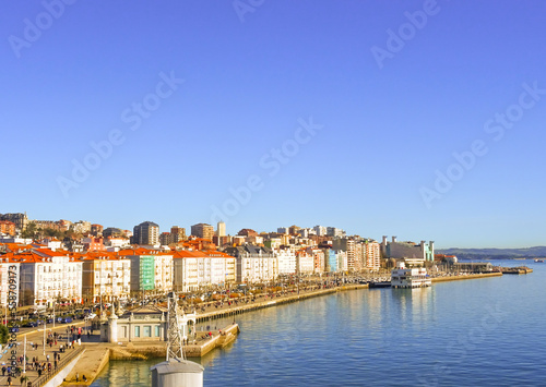 Aerial view of the cityscape of Santander with Puertochico and Festival Palace at the back. Maritime seafront, bay of Santander, Cantabria.