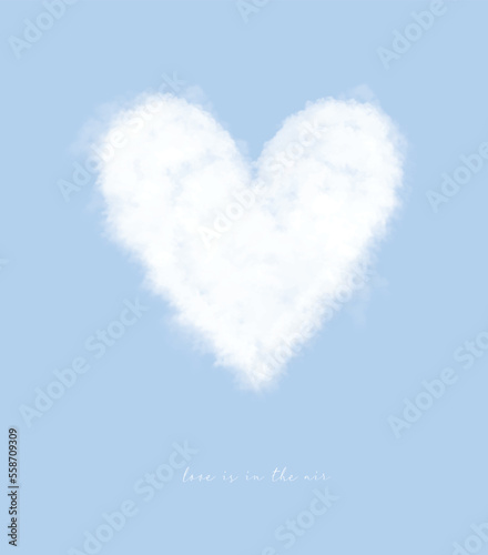 White Fluffy Cloud of Heart Shape in a Pastel Blue Background. Love is in the Air. Sweet Valentine's Day Vector Card. Romantic Print.