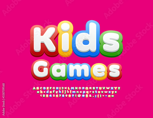 Vector colorful banner Kids Games. Bright creative Font. Colorful Alphabet Letters, Numbers and Symbols set.