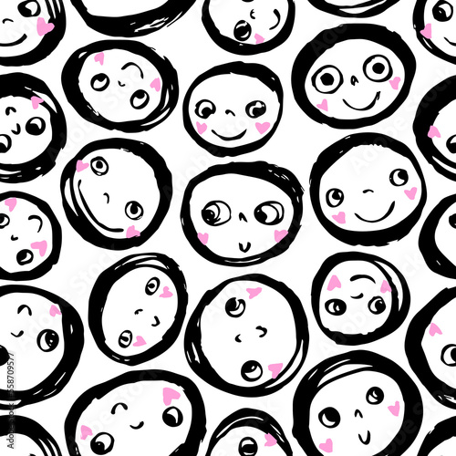 Seamless vector pattern with cute doodle faces with smiles in black white and pink