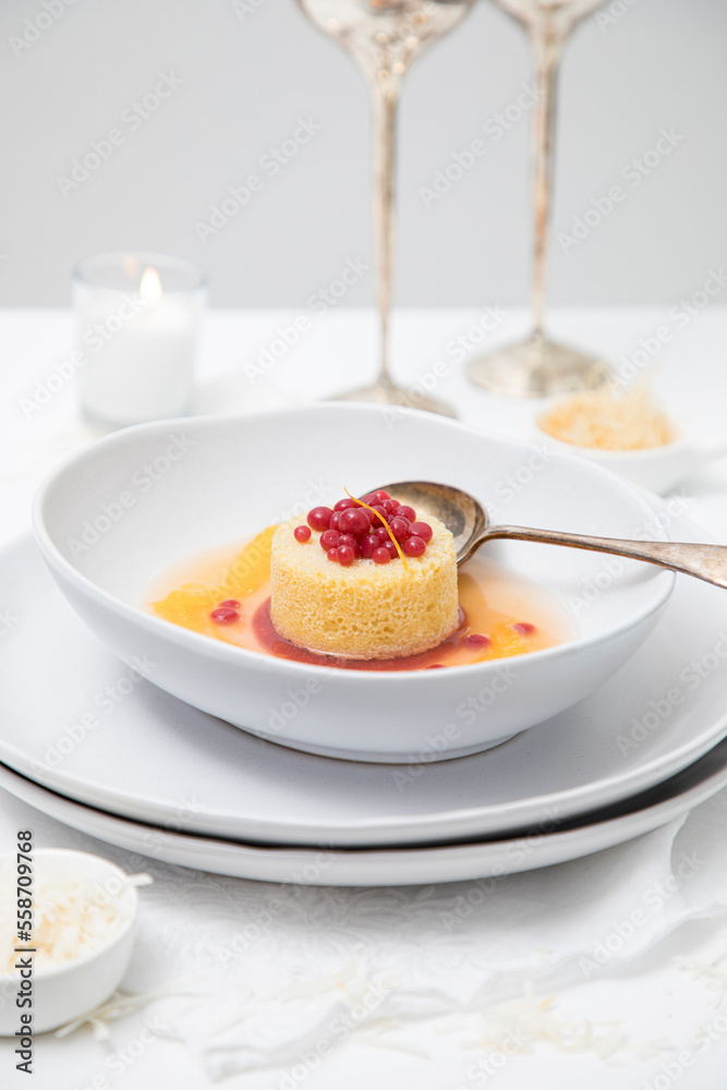 Mandarin gazpacho dessert served in a white bowl Mandarin gazpacho dessert served in a white bowl