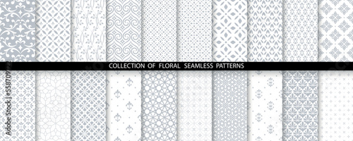 Geometric floral set of seamless patterns. White and gray vector backgrounds. Damask graphic ornaments