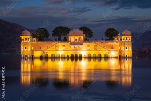 Rajasthan landmark - Jal Mahal Water Palace on Man Sagar Lake in the evening in twilight. Jaipur, Rajasthan, India photo