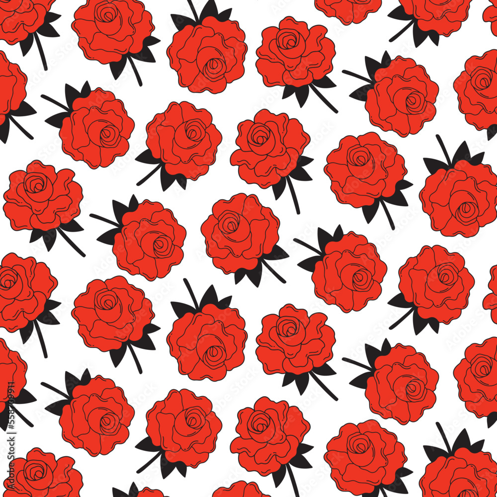 Seamless pattern with red roses on a white background in vintage style Seamless pattern with red roses on a white background in vintage style