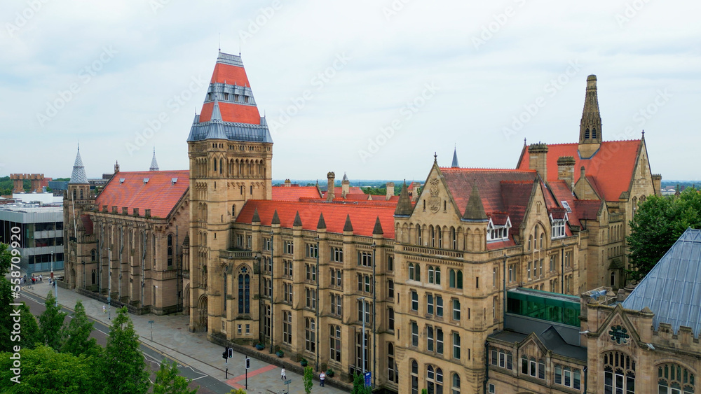 Famous building of Manchester Museum - aerial view - drone photography