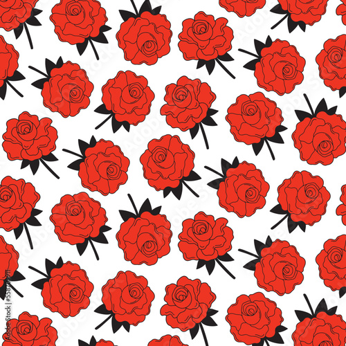 Seamless pattern with red roses on a white background in vintage style