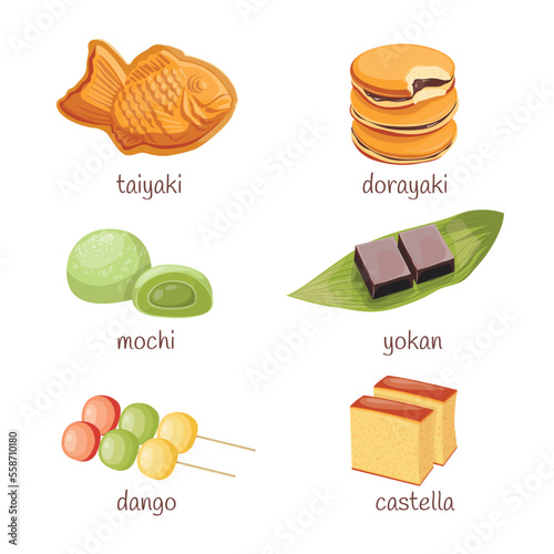 Asian sweet food. Rice fruit dessert on wood plates, leaves. Hand drawn flat vector illustration