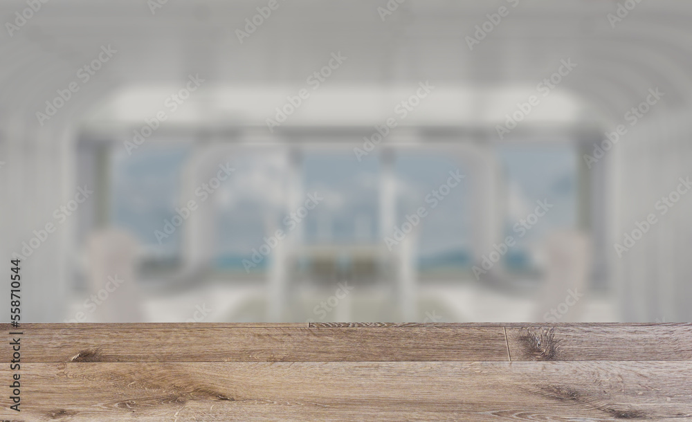 Modern office building interior. 3D rendering.. Background with empty wooden table. Flooring. Modern office building interior. 3D rendering.. Background with empty wooden table. Flooring.