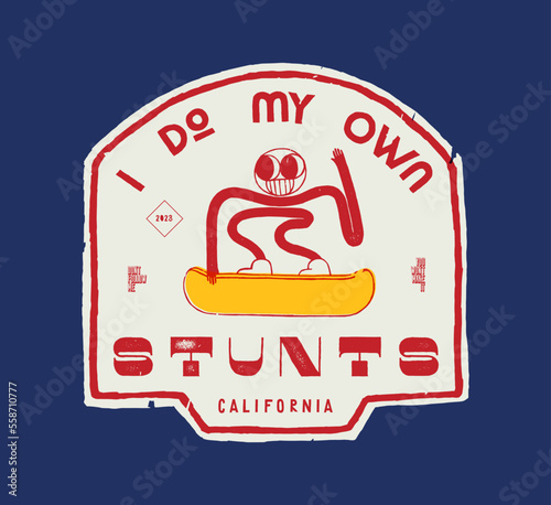 I do my own stunts. Noodle limbs character riding snowboard. Winter sports street fashion silkscreen t-shirt print vector illustration.