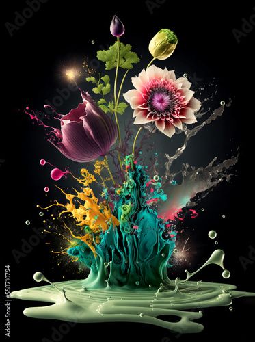 Colorful Arrangement of Flowers with Liquid paint splashes. On an isolated Black background.
Generative Ai