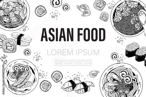 Asian cuisine sketch collection. Hand drawn vector illustration. Asian Food set.