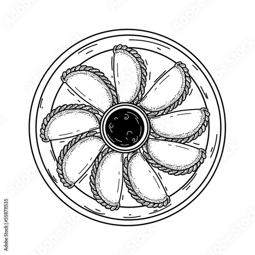 Dumplings on plate with vegetables, black line hand drawn vector illustration isolated on white background.