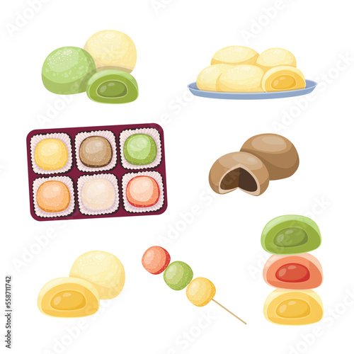 Asian sweet food. Rice fruit dessert on wood plates, leaves. Hand drawn flat vector illustration