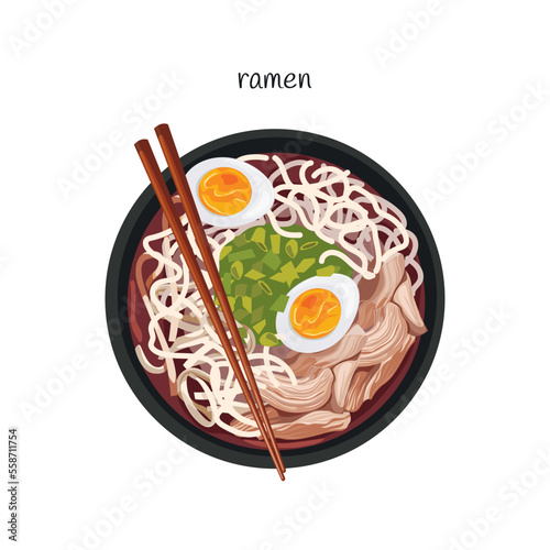 Tonkotsu ramen soup bowl with noodles, sliced chashu marinated braised pork, boiled eggs halves, spicy nori algae, chopsticks.