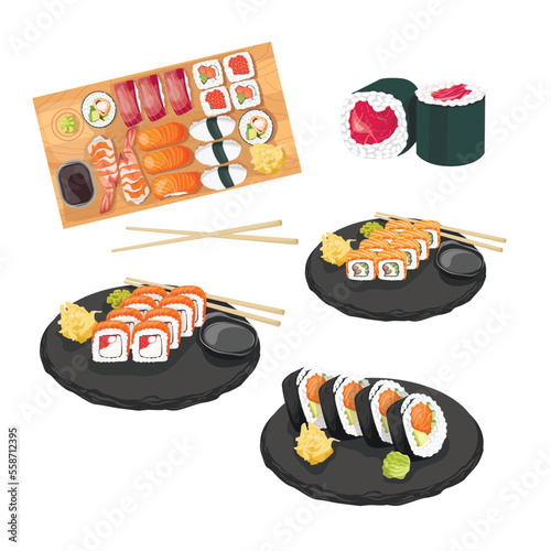 Sushi bar food collection in ukiyo-e style, Japanese food and sushi. photo