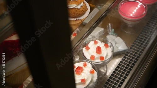Fresh cookies, pastries and cakes at the bakery shop.
