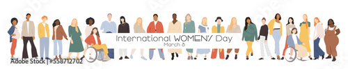 International Women's Day banner. Multicultural group of women together.