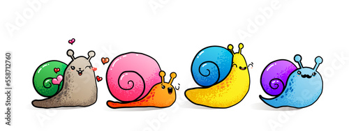 Kawaii snail character with shell and cartoon snailfish or snail-like mollusk. Kids illustration, set of lovely snail-paced slugs with random emoji, isolated on white background