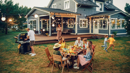 Big Family and Friends Celebrating Outside at Home. Diverse Group of Children, Adults and Old People Gathered at a Table, Having Fun Conversations. Preparing Barbecue and Eating Vegetables.