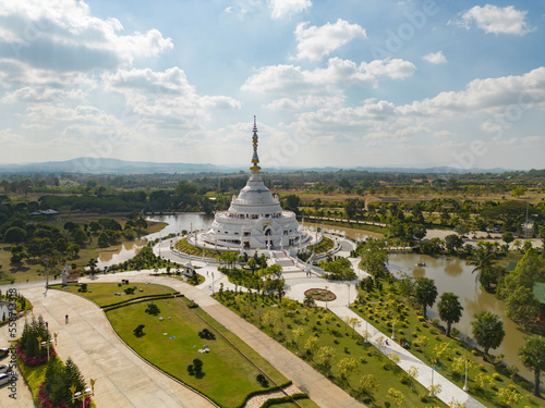 Aerial top view of Wang Nam Khiao Temple, Nakhon Ratchasima near Bangkok City, Thailand. Famous Thai tourist attraction in travel concept. Thai architecture.