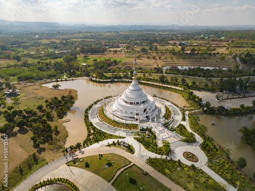 Aerial top view of Wang Nam Khiao Temple, Nakhon Ratchasima near Bangkok City, Thailand. Famous Thai tourist attraction in travel concept. Thai architecture.