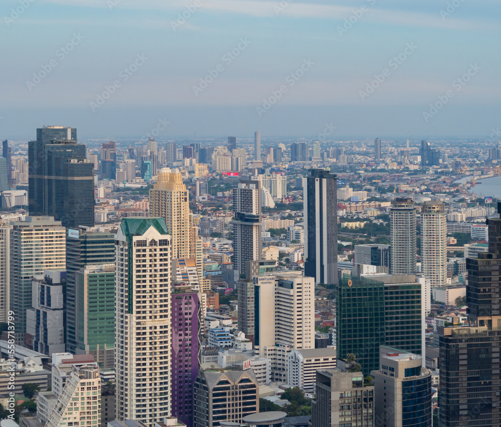 Aerial view of Bangkok Downtown Skyline, Thailand. Financial district and business centers in smart urban city in Asia. Skyscraper and high-rise buildings.