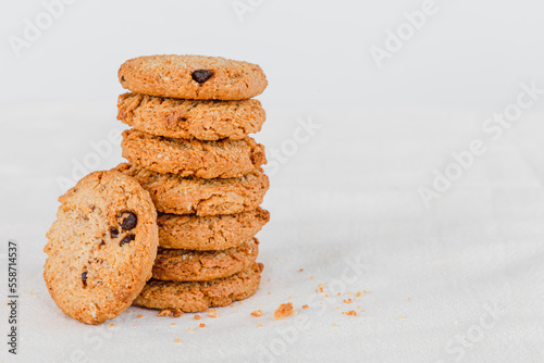 Chocolate cookies with white background . cookies background . copy space