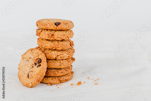 Chocolate cookies with white background . cookies background . copy space	
