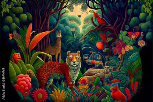 Fototapeta Naklejka Na Ścianę i Meble -  Generative AI render of a naive painting of a jungle
