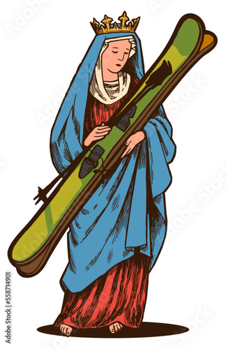 Virgin Mary ski. Virgin Mary of Guadalupe holding skis. Winter sports vintage typography silkscreen t-shirt print vector illustration.