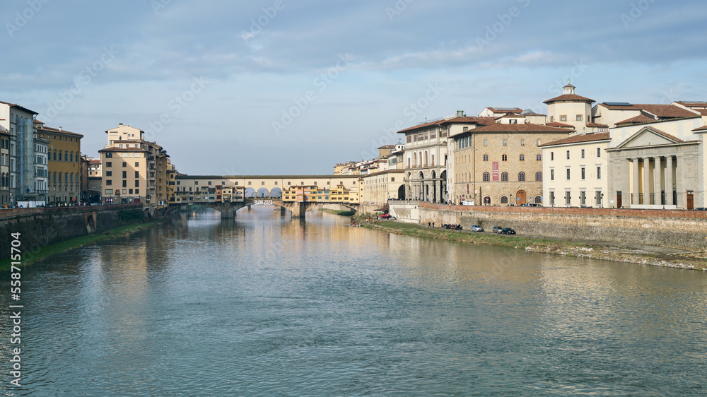 Morning view of river Arno and Ponte Vecchio in Florence, Italy