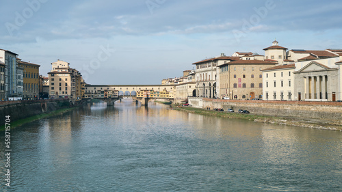 Morning view of river Arno and Ponte Vecchio in Florence, Italy