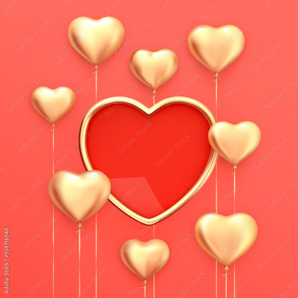 Happy Valentine's Day. Holiday Decoration Banner. Red heart shaped medallion with gold trim surrounded by gold heart shaped balloons on a red background. Realistic 3d vector illustration