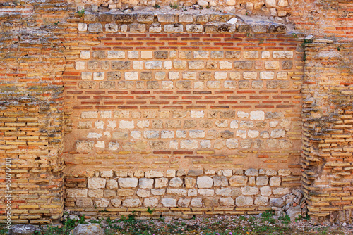Weathered antique wall, ancient roman brick masonry, horizontal grunge background, Varna, the Black Sea coast of Bulgaria