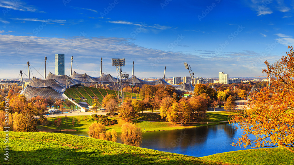 Autumn cityscape - view of the Olympiapark or Olympic Park and Olympic Lake  in Munich, Bavaria, Germany Photos | Adobe Stock