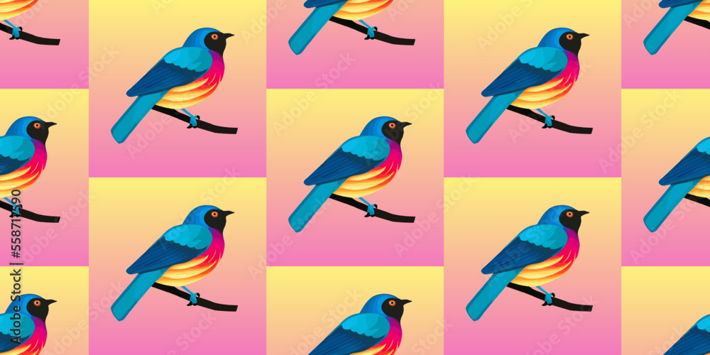 Colorful cartoon birds, hand drawn, seamless vector pattern