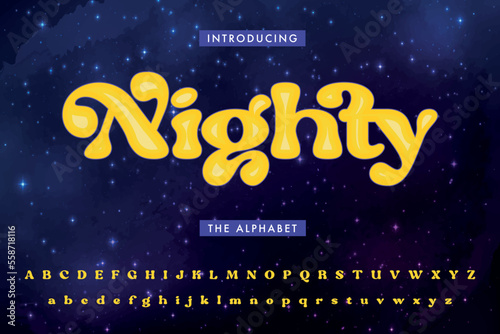 A 1970s Styled Retro Alphabet with a starry sky Background. Typography decorative fonts vintage concept.