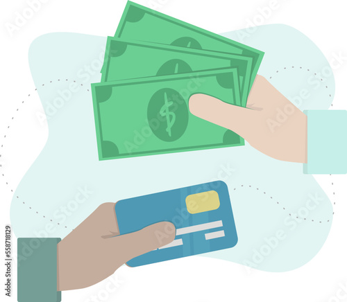 Money payments transfer concept. Hands holding money and credit card, ready to make payments.