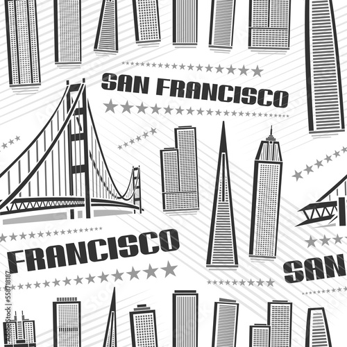 Vector San Francisco Seamless Pattern, repeating background with illustration of famous american city scape on white background for wrapping paper, line art urban poster with dark text san francisco