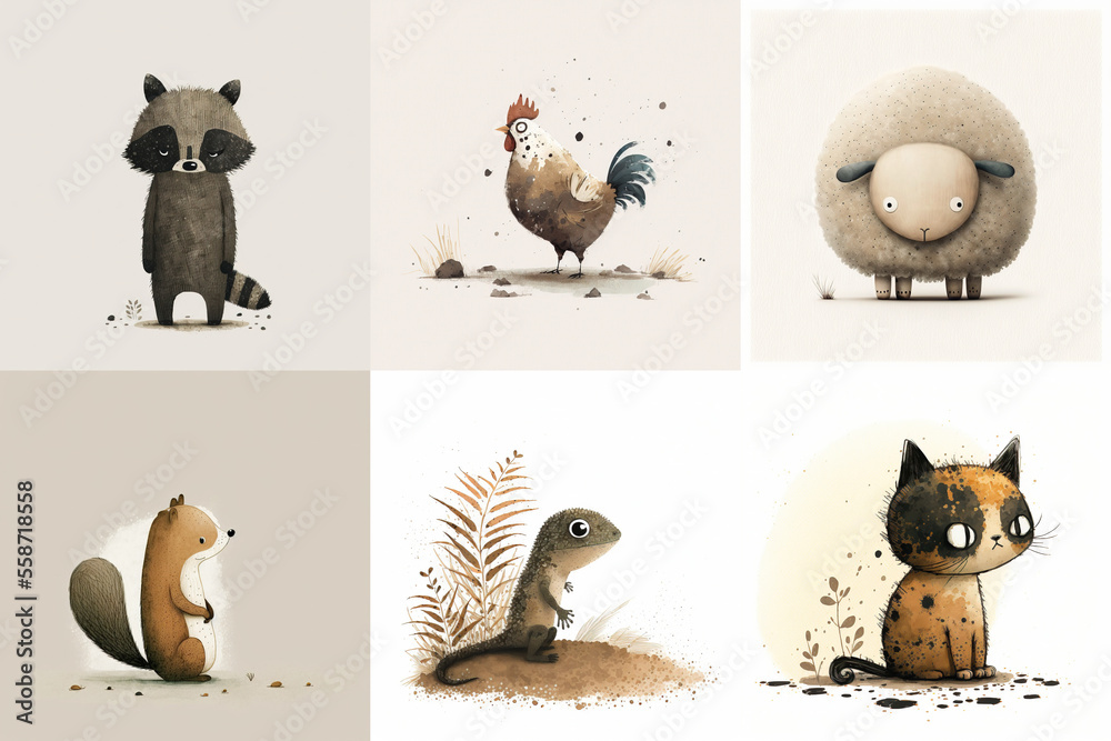A set of six cute animals, mammals, birds, reptiles, from the area of Virginia, USA in watercolor, illustration made with Generative AI