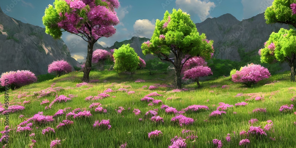 Obraz premium spring flowers trees and grass in the park or in garden near the mountains, landscapes
