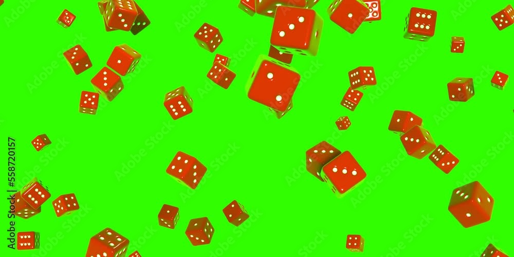 Red dices falling and spinning against a green background, Casino, poker, gambling concept Red dices falling and spinning against a green background, Casino, poker, gambling concept