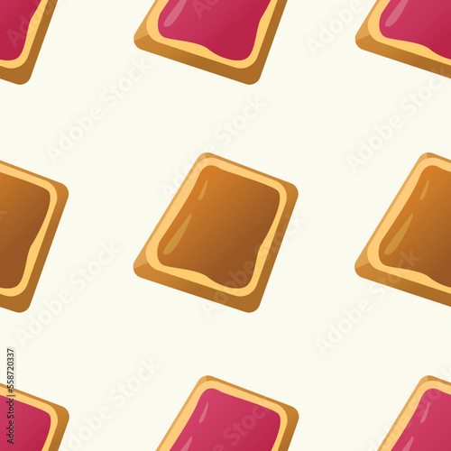 Seamless pattern with peanut butter and jelly toasts on light background. Flat style
