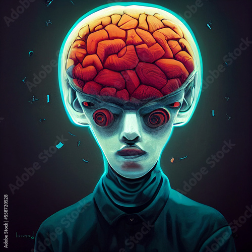 Wonderful mind, creativity, alin with unique eyes, red eyes, blue pieces of futureharm, Generative AI photo