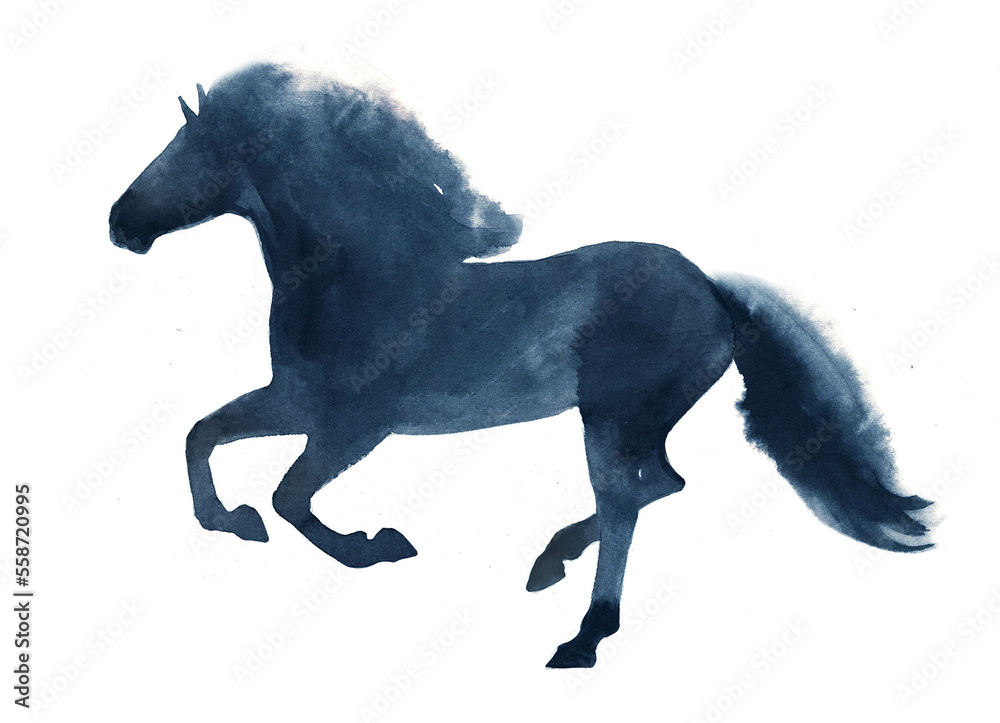Watercolor art silhouette of a running horse on a white background ...