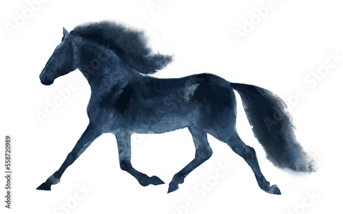 Watercolor art silhouette of running horse 