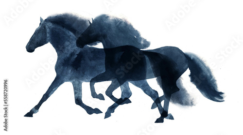 Watercolor silhouette of a pair of running horses on a white background