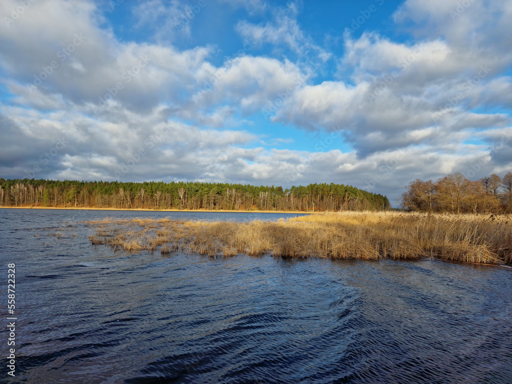 Fototapeta premium lake in winter with beautiful clouds in the blue sky