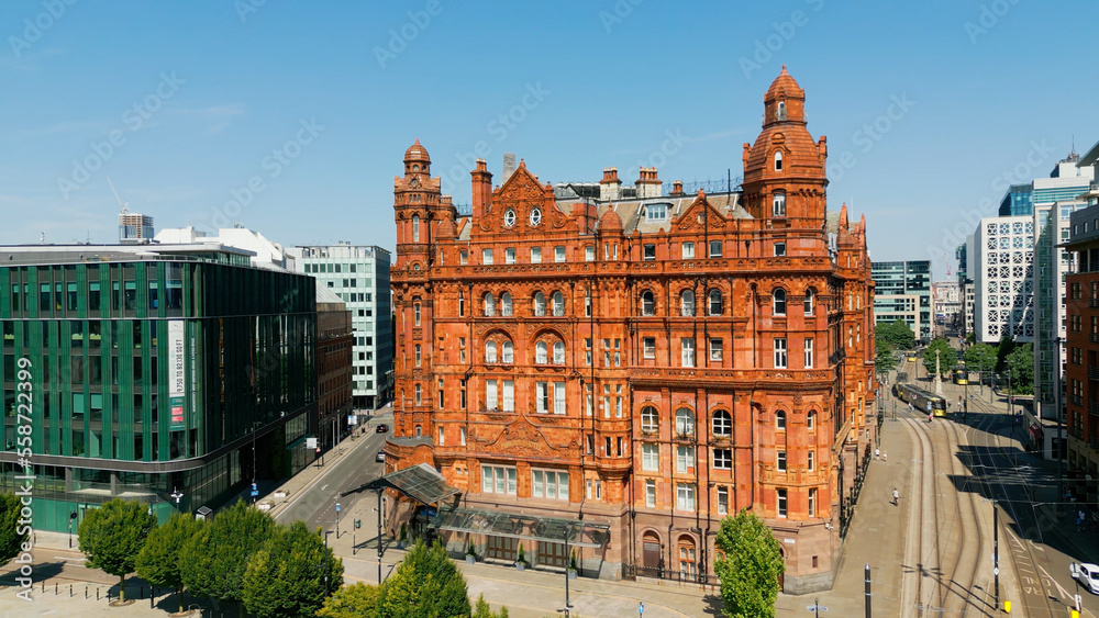 Beautiful old building of Midland Hotel in Manchester - drone photography