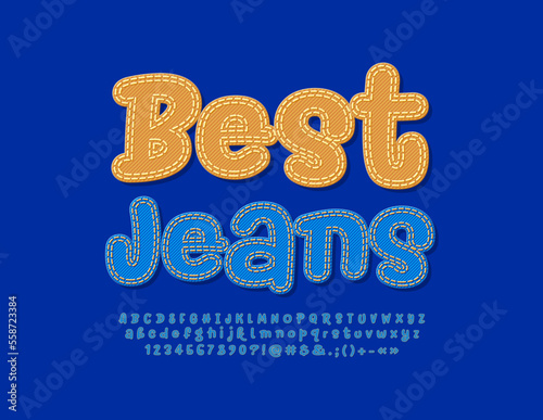 Vector modern Emblem Best Jeans. Blue Font with Stitches. Denim Alphabet Letters and Numbers
